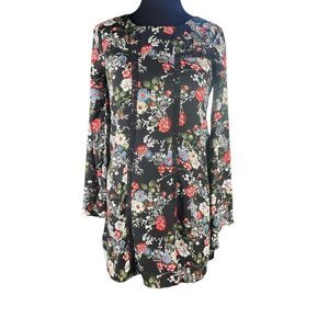 Miami Women's Floral Embroidered Shift Black Long Sleeve Short Dress Size M